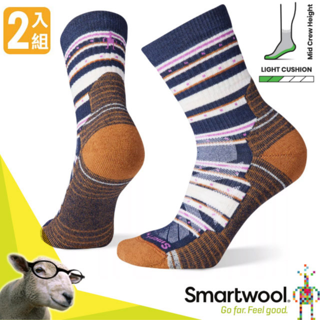  【美國 SmartWool】女款 美麗諾羊毛 全輕量減震蘇拉威西紋中筒襪(2入)/SW001577-092 深海軍藍✿30E010